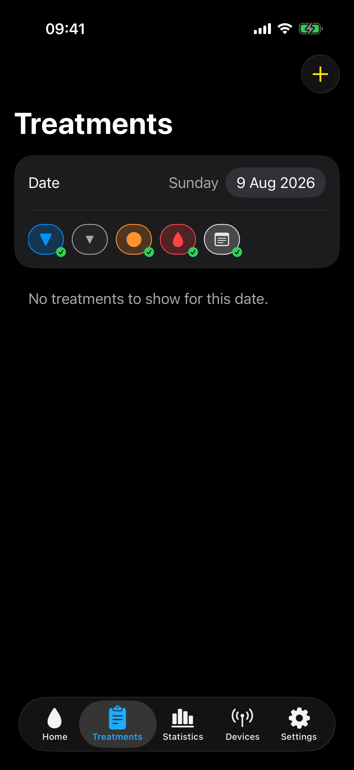 The Treatments tab with its date selector and treatment filters